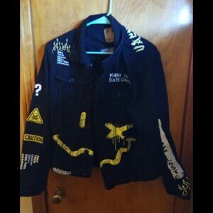 Rare Rue 21 Wasted Youth Limited Edition Black Denim Jean Jacket Great Graphics!
